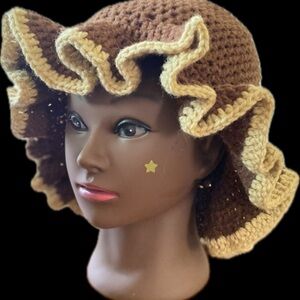 Brown and Tan Crochet Ruffle Hat
